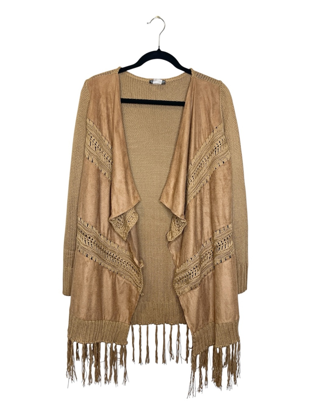 VENUS Western Fringe Open Front Woven  Panel Knit Cardigan Sweater size Small